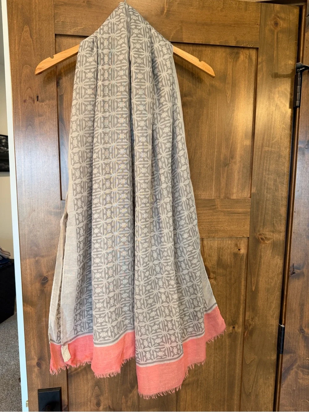 India Hicks Gray Patterned Scarf with Pink Border